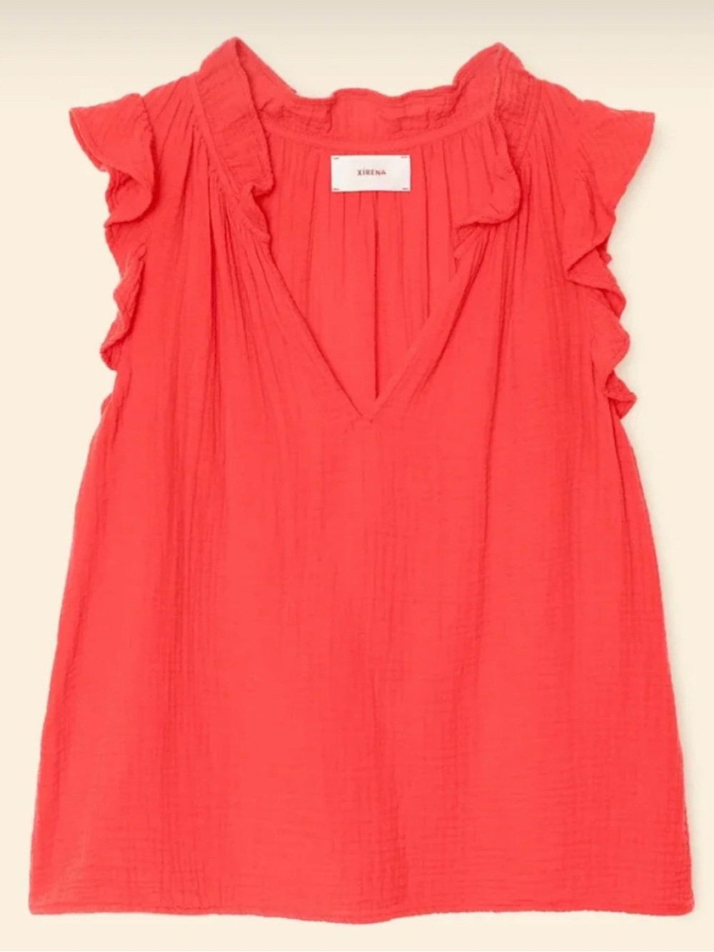 XIRENA Bex Sleeveless Cotton Poplin Ruffle V-Neck Top in Firecracker Coral S
